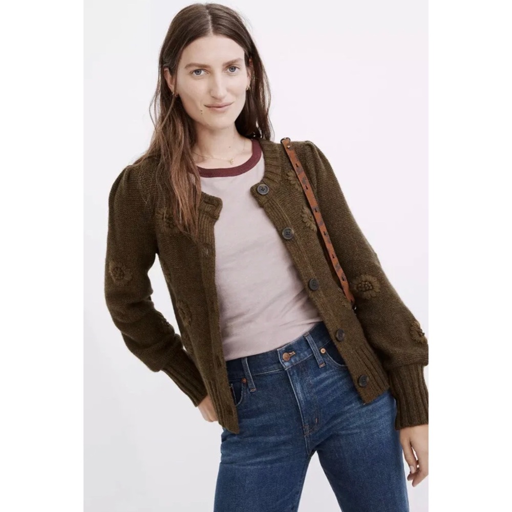 Madewell Edencroft Embroidered Flower Green Alpaca Merino Wool Blend Cardigan- S